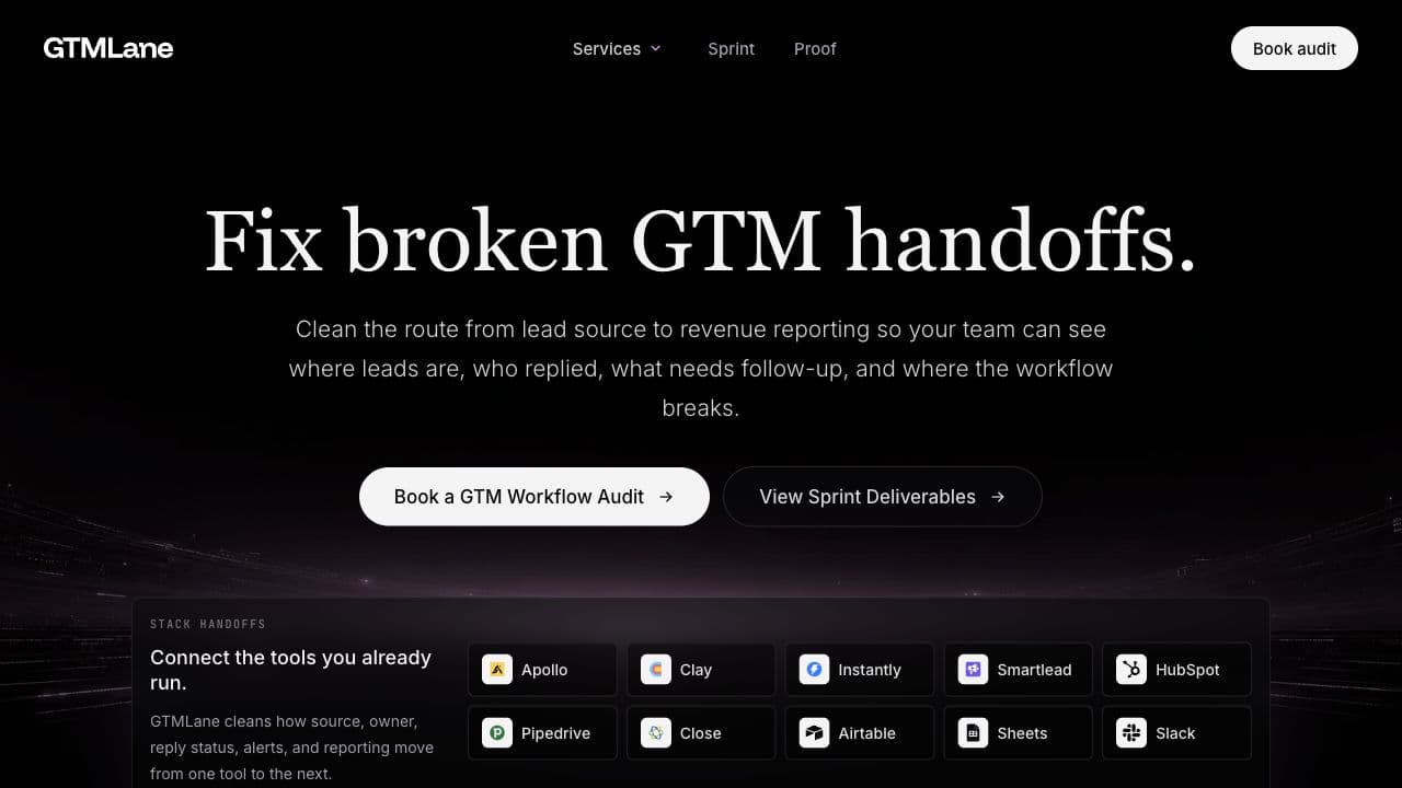 GTMLane website preview showing the Fix broken GTM handoffs hero.